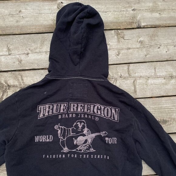 True Religion Jeans BIG LOGO Velvet Hoodie Small Black - Picture 1 of 9